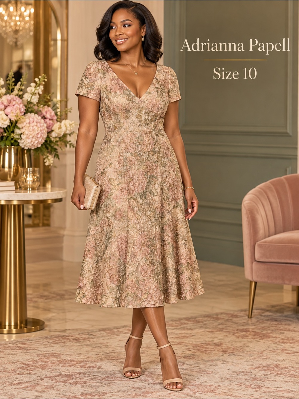Adrianna Papell Blush and Beige Floral Lace Midi Dress